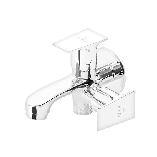 Pixaflo Sea Brass 2 Way Bib Cock Tap | 2 in 1 Wall Mounted Faucet with Wall Flange | Chrome Finish