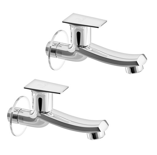 Pixaflo Concave-S Brass Long Body Bib Cock Tap with Wall Flange Combo | Chrome | Pack of 2