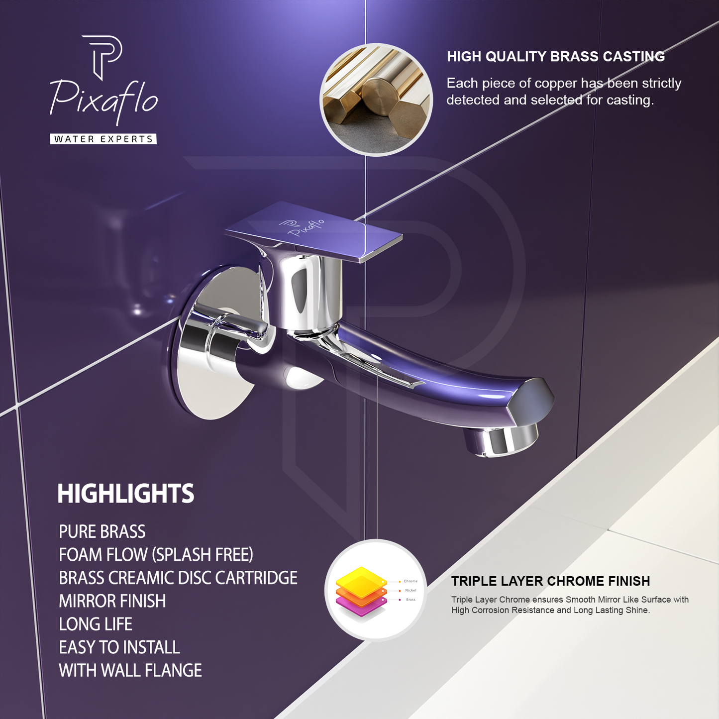 Pixaflo Concave-S Brass Long Body Bib Cock Tap with Wall Flange Combo | Chrome | Pack of 2