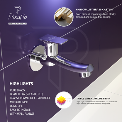 Pixaflo Concave-S Brass Long Body Bib Cock Tap with Wall Flange Combo | Chrome | Pack of 2