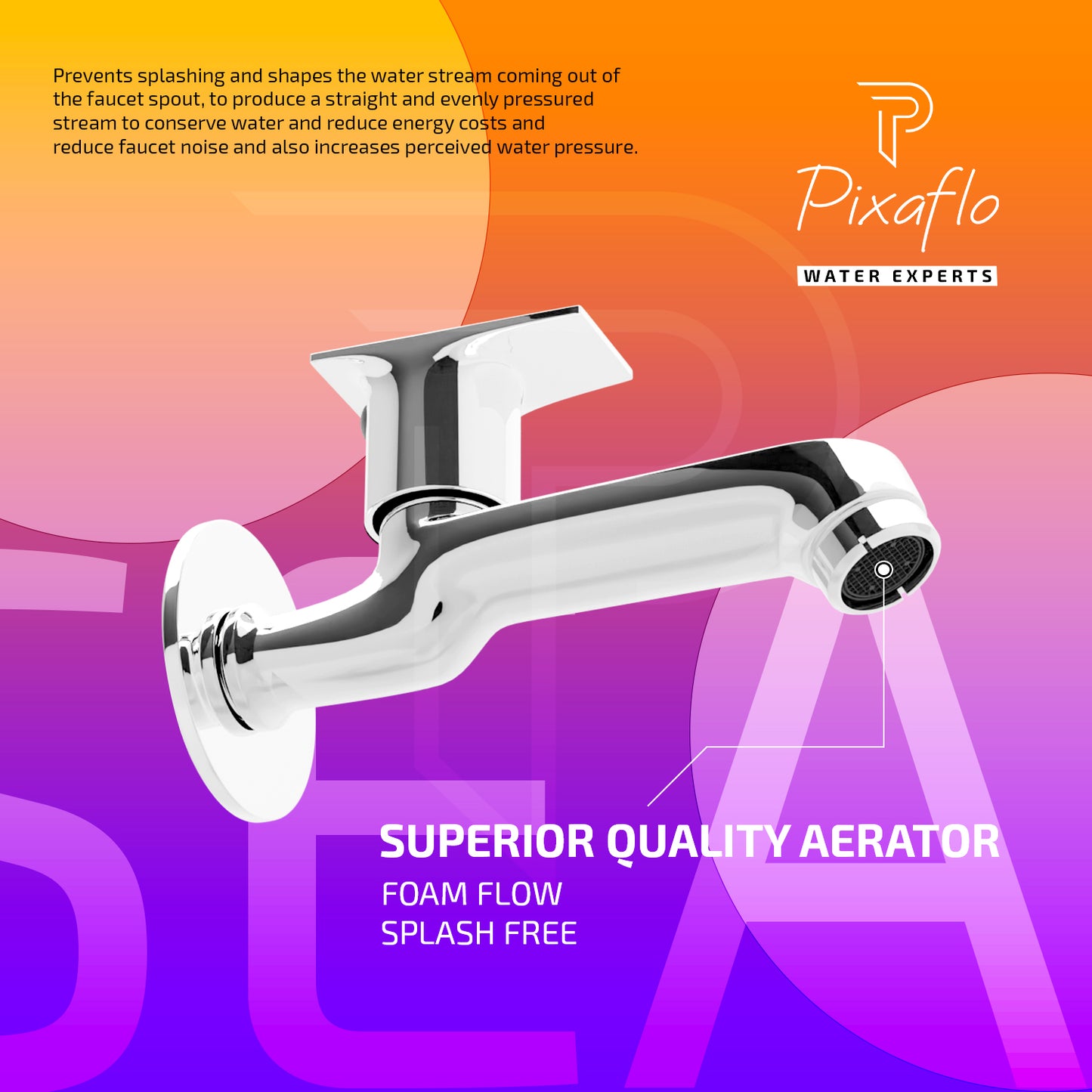 Pixaflo Sea Brass Long Body Bib Cock Tap with Wall Flange | Chrome