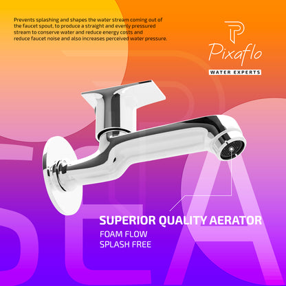 Pixaflo Sea Brass Long Body Bib Cock Tap with Wall Flange | Chrome