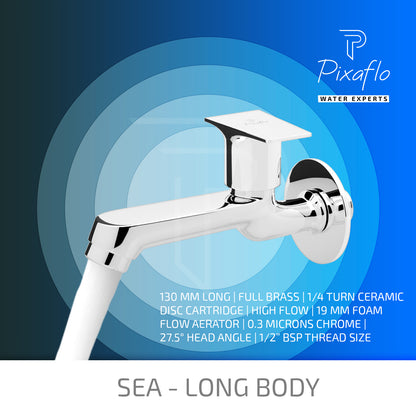 Pixaflo Sea Brass Long Body Bib Cock Tap with Wall Flange | Chrome
