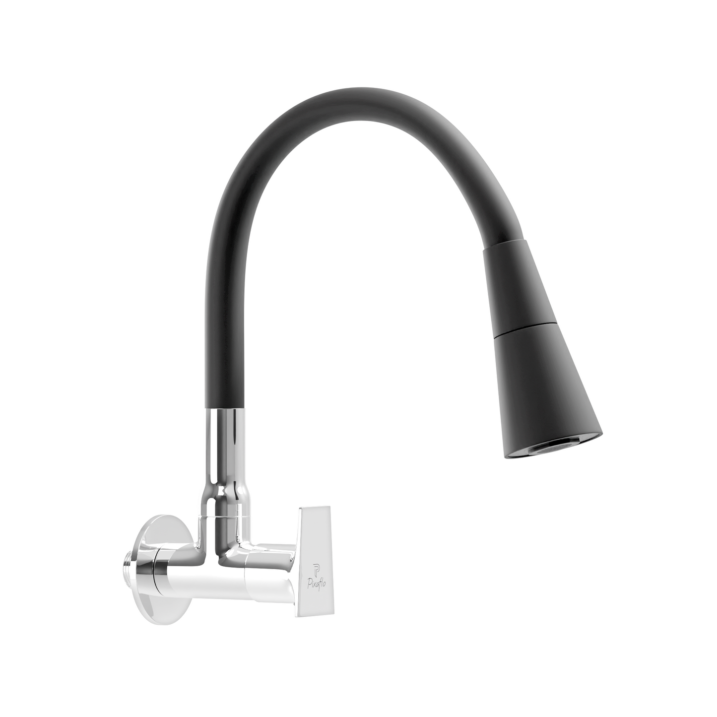 Pixaflo Sea Brass Sink Cock Tap with Wall Flange | with Black Dual Flow 360-degree Swivel Flexible Silicone Swivel Spout for Kitchen Sink | Wall Mounted