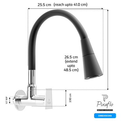 Pixaflo Sea Brass Sink Cock Tap with Wall Flange | with Black Dual Flow 360-degree Swivel Flexible Silicone Swivel Spout for Kitchen Sink | Wall Mounted