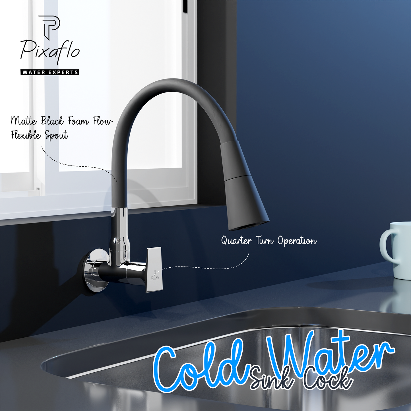 Pixaflo Sea Brass Sink Cock Tap with Wall Flange | with Black Dual Flow 360-degree Swivel Flexible Silicone Swivel Spout for Kitchen Sink | Wall Mounted