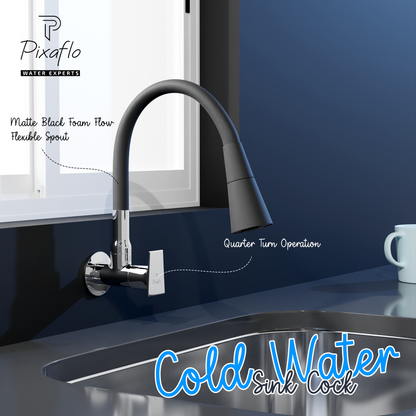 Pixaflo Sea Brass Sink Cock Tap with Wall Flange | with Black Dual Flow 360-degree Swivel Flexible Silicone Swivel Spout for Kitchen Sink | Wall Mounted