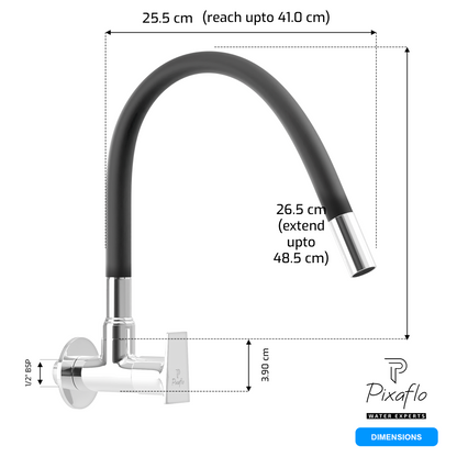Pixaflo Sea Brass Sink Cock Tap with Wall Flange | with Black Foam Flow 360-degree Swivel Flexible Silicone Swivel Spout for Kitchen Sink | Wall Mounted
