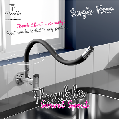 Pixaflo Sea Brass Sink Cock Tap with Wall Flange | with Black Foam Flow 360-degree Swivel Flexible Silicone Swivel Spout for Kitchen Sink | Wall Mounted