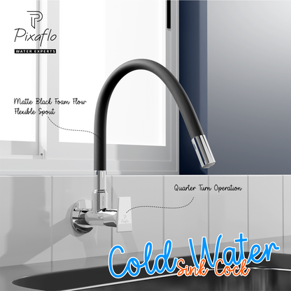 Pixaflo Sea Brass Sink Cock Tap with Wall Flange | with Black Foam Flow 360-degree Swivel Flexible Silicone Swivel Spout for Kitchen Sink | Wall Mounted
