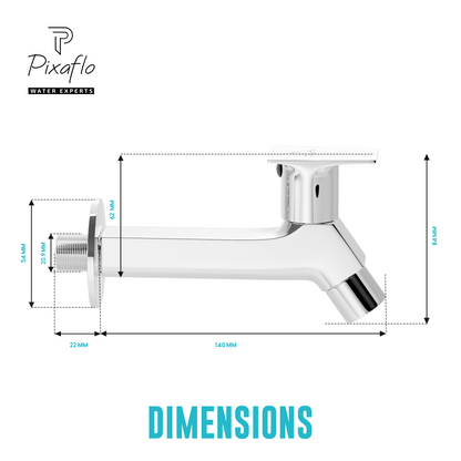 Pixaflo META-S Brass Long Body Bib Cock Tap with Wall Flange | Chrome