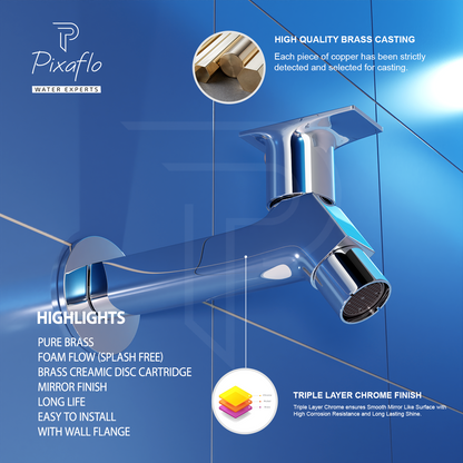 Pixaflo META-S Brass Long Body Bib Cock Tap with Wall Flange | Chrome