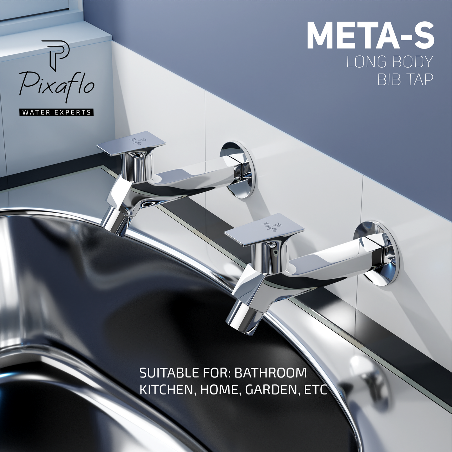 Pixaflo META-S Brass Long Body Bib Cock Tap with Wall Flange Combo | Chrome | Pack of 2