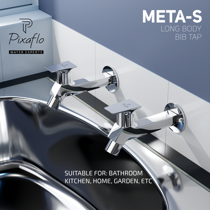 Pixaflo META-S Brass Long Body Bib Cock Tap with Wall Flange | Chrome
