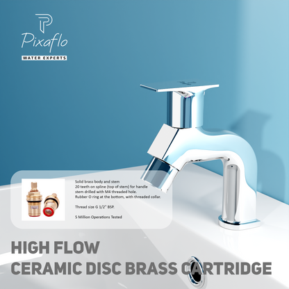 Pixaflo META-S Brass Pillar Tap for Wash Basin | Pillar Cock | Quarter-Turn | Ceramic Disc Cartridge | Foam Flow | Chrome Finish