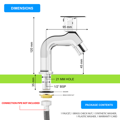 Pixaflo META-S Brass Pillar Tap for Wash Basin | Pillar Cock | Quarter-Turn | Ceramic Disc Cartridge | Foam Flow | Chrome Finish
