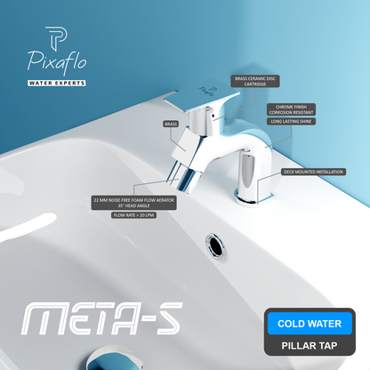 Pixaflo META-S Brass Pillar Tap for Wash Basin | Pillar Cock | Quarter-Turn | Ceramic Disc Cartridge | Foam Flow | Chrome Finish
