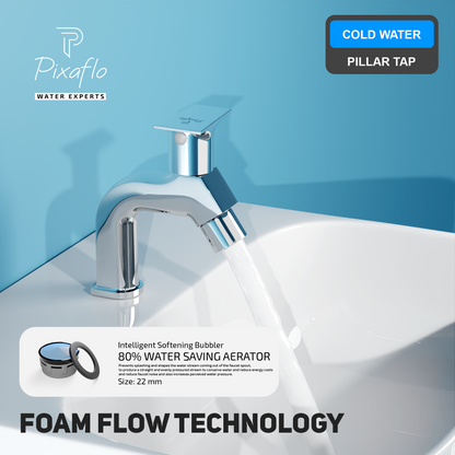 Pixaflo META-S Brass Pillar Tap for Wash Basin | Pillar Cock | Quarter-Turn | Ceramic Disc Cartridge | Foam Flow | Chrome Finish