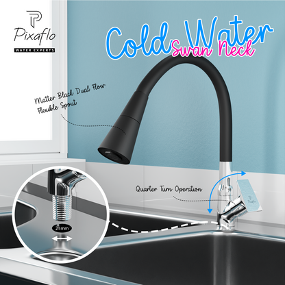 Pixaflo Sea Brass Swan Neck Tap | with Black Dual Flow 360-degree Swivel Flexible Silicone Swivel Spout for Kitchen Sink and Wash Basin