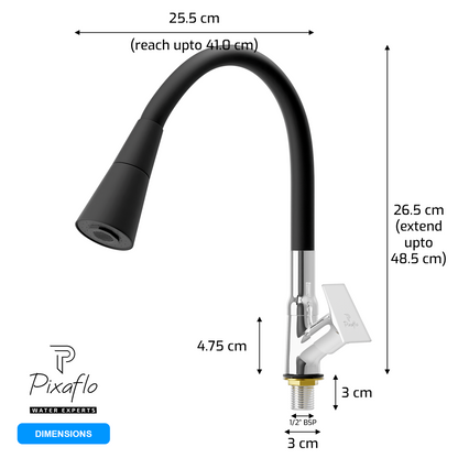 Pixaflo Sea Brass Swan Neck Tap | with Black Dual Flow 360-degree Swivel Flexible Silicone Swivel Spout for Kitchen Sink and Wash Basin