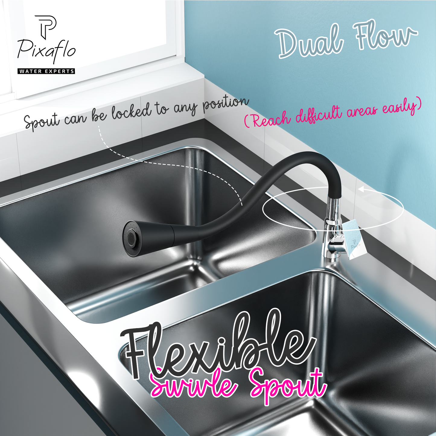 Pixaflo Sea Brass Swan Neck Tap | with Black Dual Flow 360-degree Swivel Flexible Silicone Swivel Spout for Kitchen Sink and Wash Basin