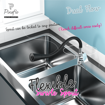 Pixaflo Sea Brass Swan Neck Tap | with Black Dual Flow 360-degree Swivel Flexible Silicone Swivel Spout for Kitchen Sink and Wash Basin