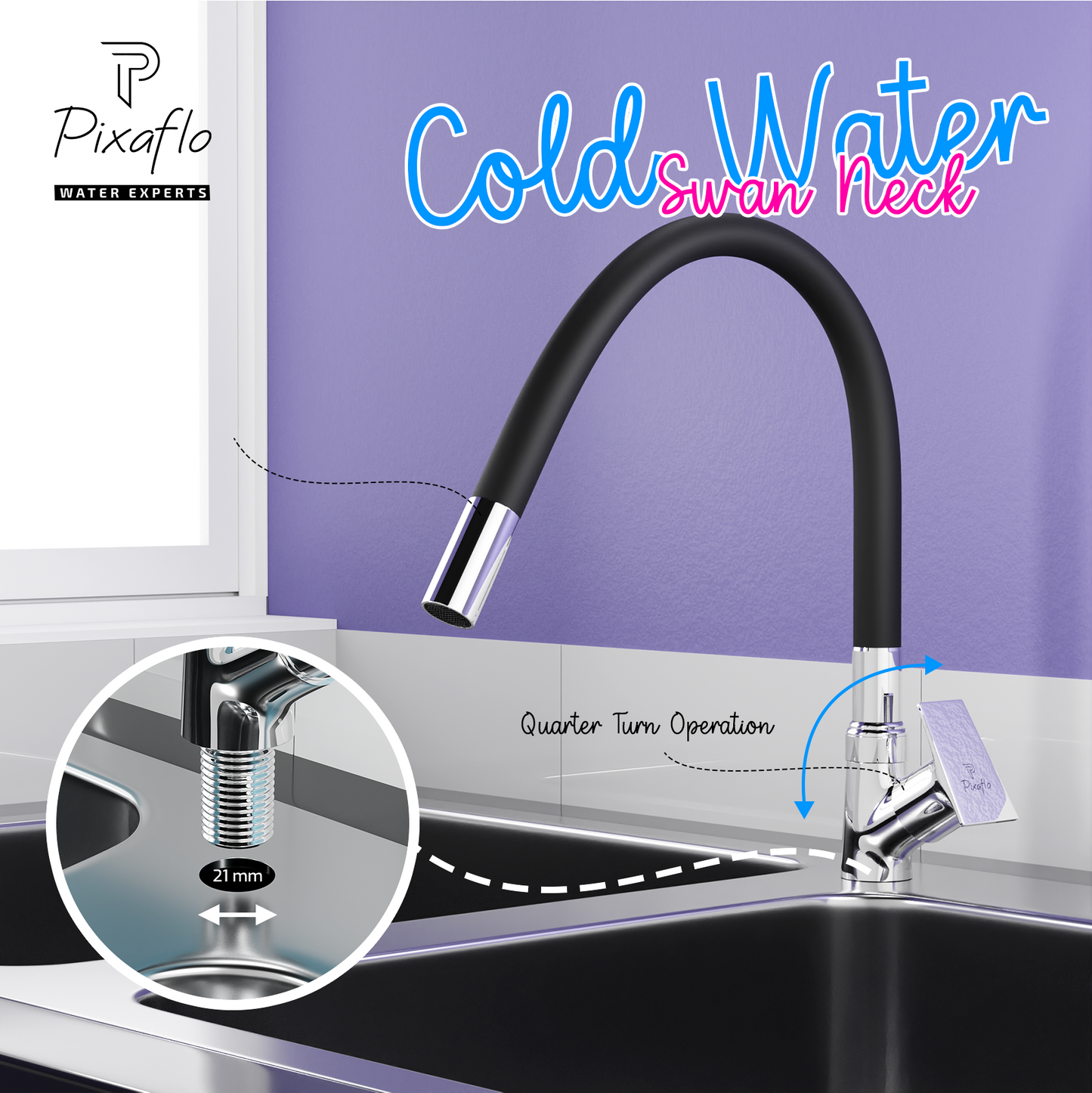 Pixaflo Sea Brass Swan Neck Tap | with Black Foam Flow 360-degree Swivel Flexible Silicone Swivel Spout for Kitchen Sink and Wash Basin