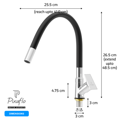Pixaflo Sea Brass Swan Neck Tap | with Black Foam Flow 360-degree Swivel Flexible Silicone Swivel Spout for Kitchen Sink and Wash Basin