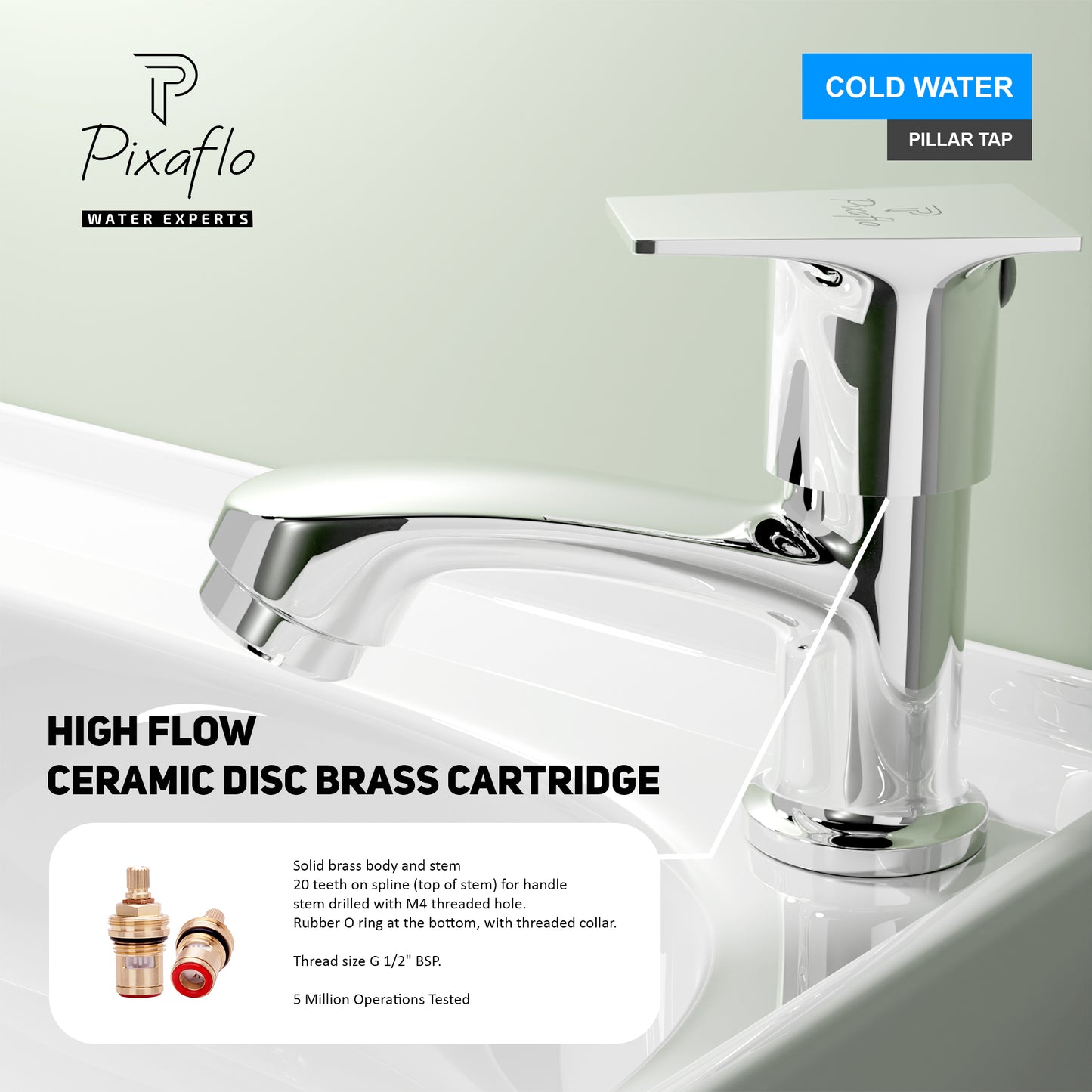 Pixaflo Sea Brass Pillar Tap for Wash Basin | Pillar Cock | Quarter-Turn | Ceramic Disc Cartridge | Foam Flow | Chrome Finish