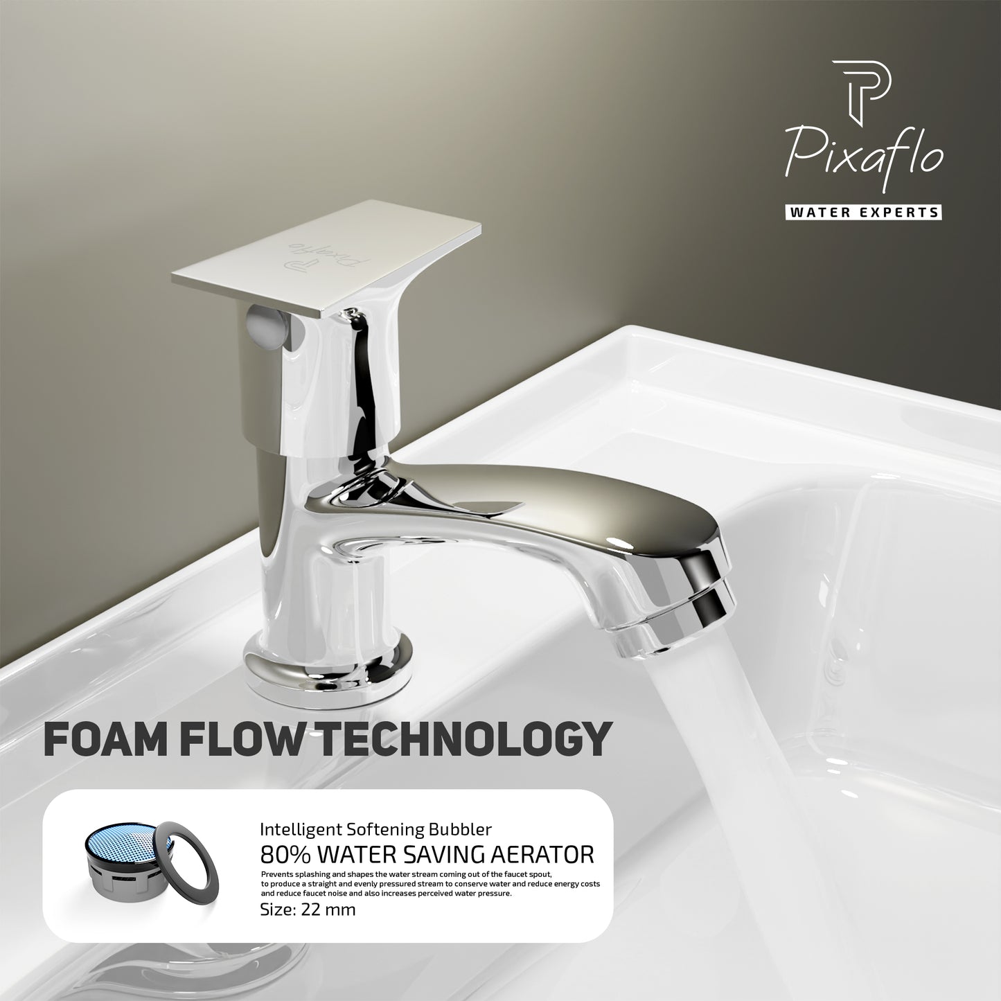 Pixaflo Sea Brass Pillar Tap for Wash Basin | Pillar Cock | Quarter-Turn | Ceramic Disc Cartridge | Foam Flow | Chrome Finish