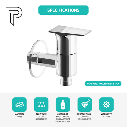 Pixaflo Sea Brass Washing Machine Tap with Wall Flange | Chrome Finish