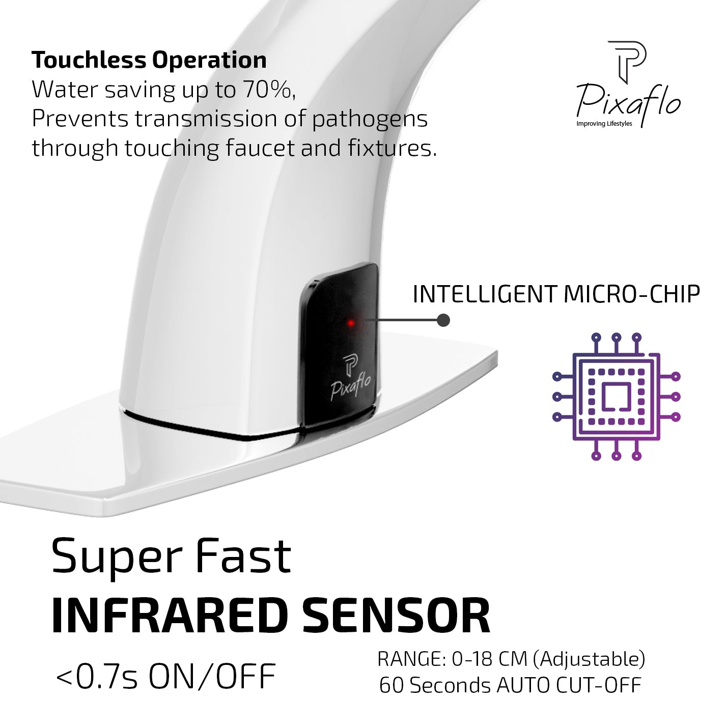 Pixaflo Sense-One Touchless Sensor Tap for Wash Basin | Automatic Brass Faucet with Infrared Motion Sensor | AC/DC Powered | Chrome Finish | Water-Saving & Hygienic | Easy Installation