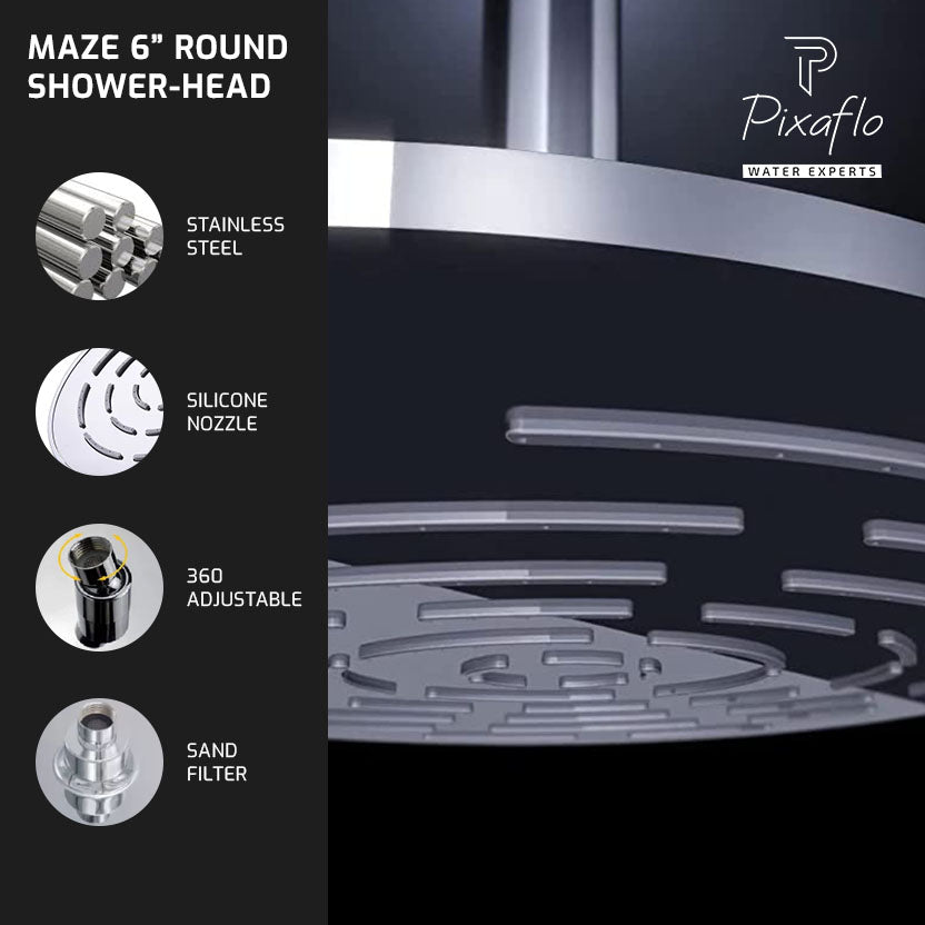 Pixaflo Stainless Steel Heavy Duty Maze Round Overhead Shower | 6 Inches | Rain Shower Head for Bathroom Without Arm | Chrome Finish