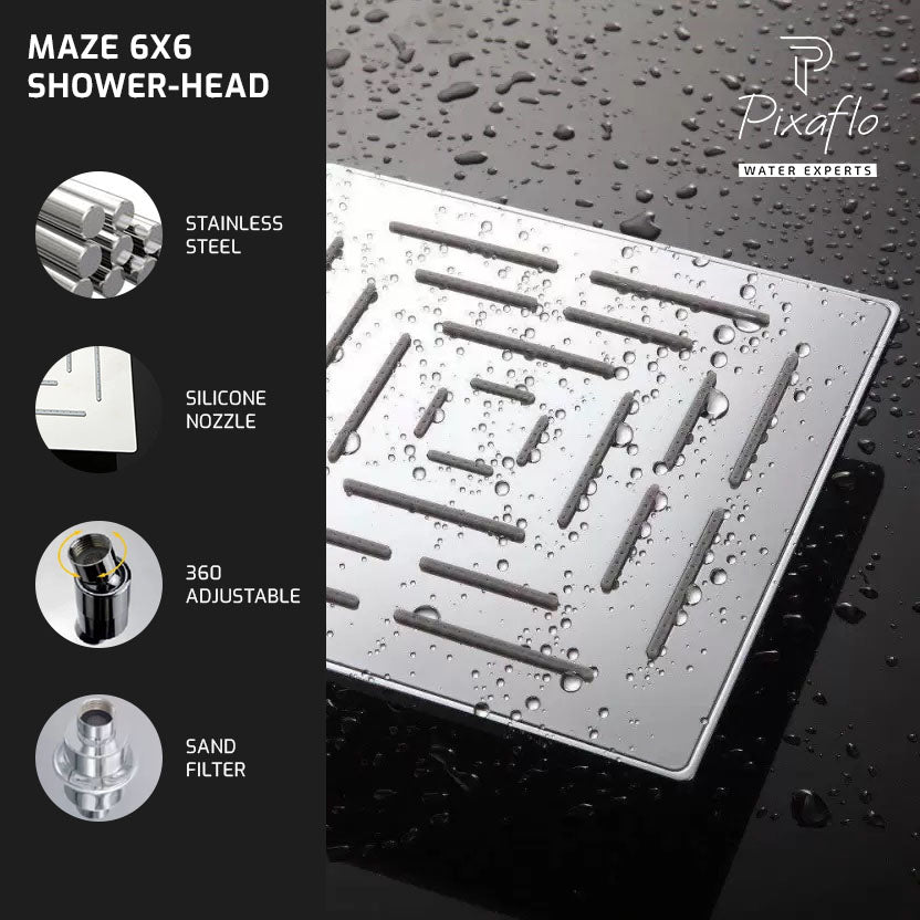 Pixaflo Stainless Steel Heavy Duty Maze Square Overhead Shower | 6x6 Inches | Rain Shower Head for Bathroom Without Arm | Chrome Finish