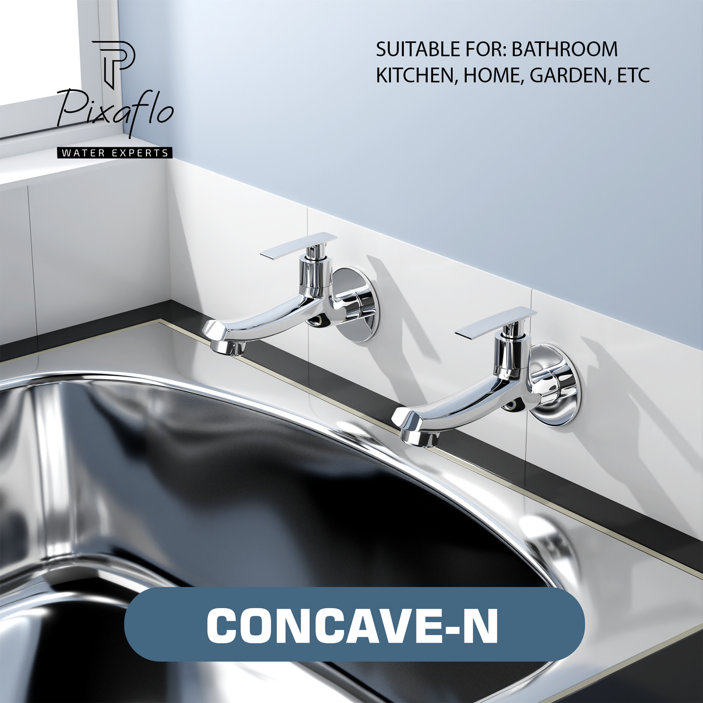 Pixaflo Concave-N Brass Long Body Bib Cock Tap with Wall Flange Combo | Chrome | Pack of 2