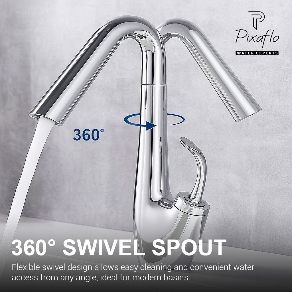 Pixaflo SoloBloc 360° Swivel Spout Basin Mixer Tap – Chrome Finish Brass Faucet with Hot & Cold Control | Foam Flow Technology | Ceramic Cartridge | 18-Inch Braided Hoses | 10.3 Inches Tall