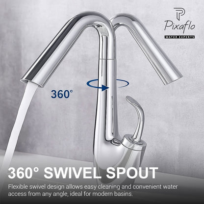 Pixaflo SoloBloc 360° Swivel Spout Basin Mixer Tap – Chrome Finish Brass Faucet with Hot & Cold Control | Foam Flow Technology | Ceramic Cartridge | 18-Inch Braided Hoses | 10.3 Inches Tall