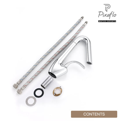 Pixaflo SoloBloc 360° Swivel Spout Basin Mixer Tap – Chrome Finish Brass Faucet with Hot & Cold Control | Foam Flow Technology | Ceramic Cartridge | 18-Inch Braided Hoses | 10.3 Inches Tall