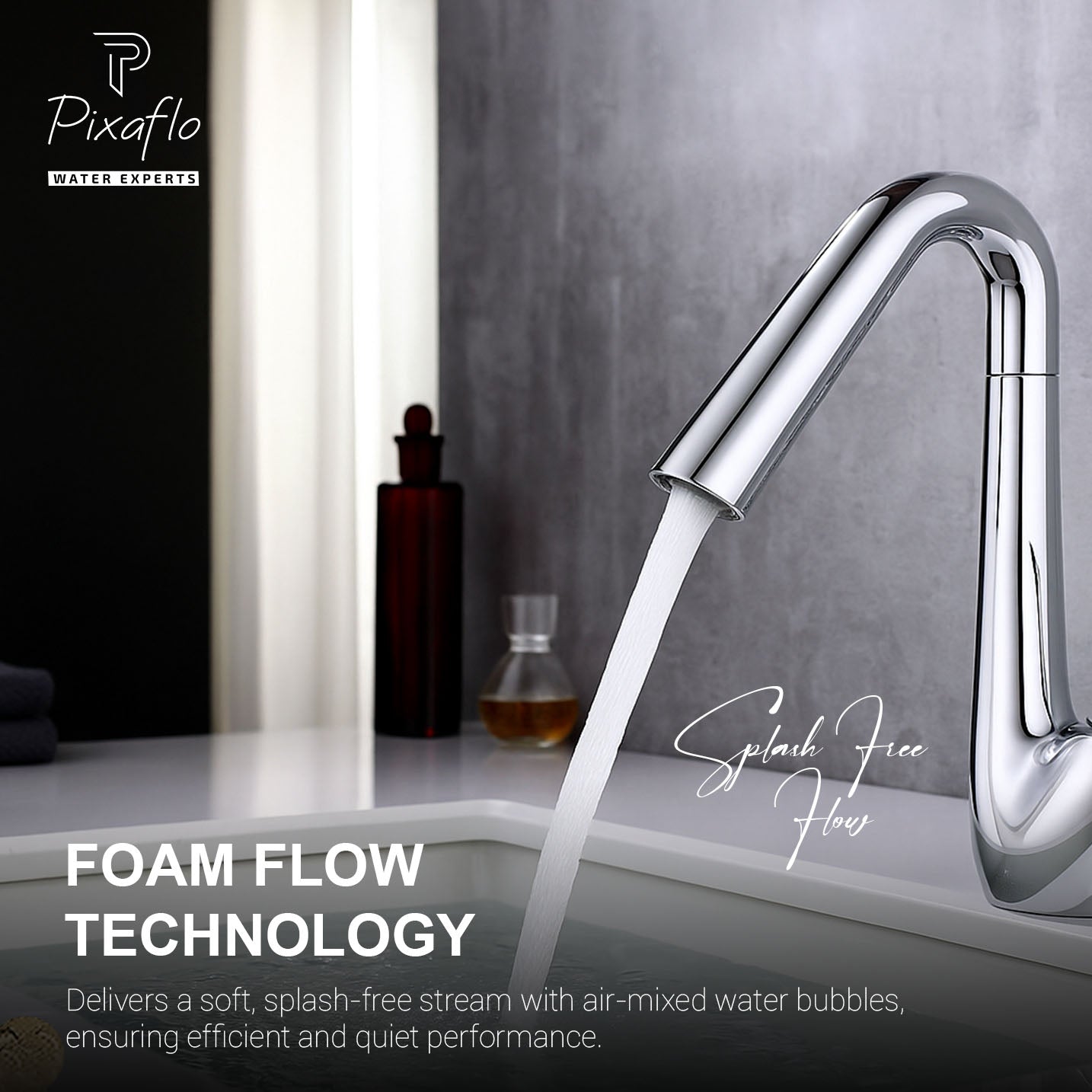 Pixaflo SoloBloc 360° Swivel Spout Basin Mixer Tap – Chrome Finish Brass Faucet with Hot & Cold Control | Foam Flow Technology | Ceramic Cartridge | 18-Inch Braided Hoses | 10.3 Inches Tall