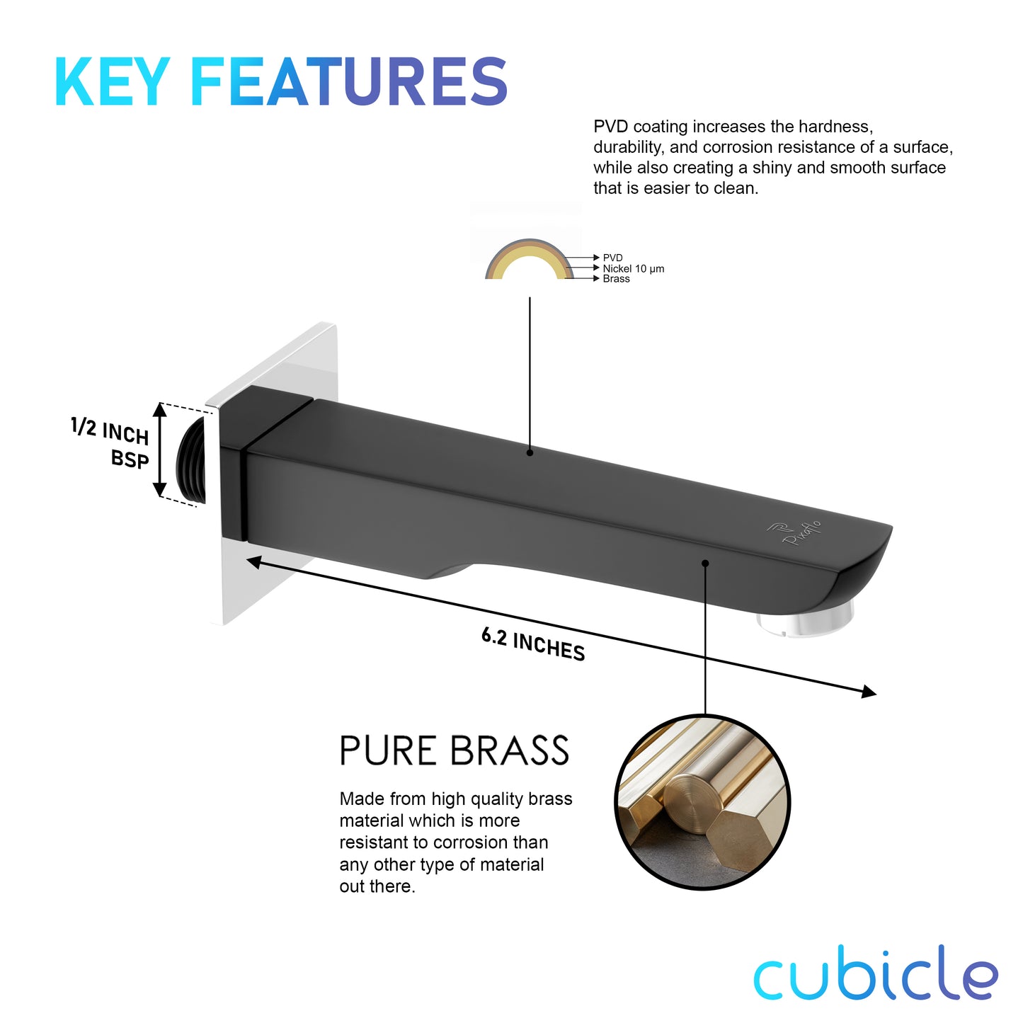 Pixaflo Cubicle Brass Bath Tub Spout with Wall Flange | High Flow | Matte Black