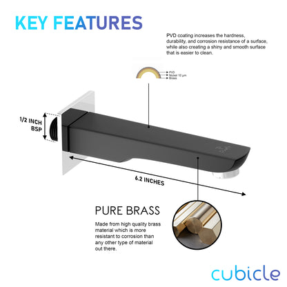 Pixaflo Cubicle Brass Bath Tub Spout with Wall Flange | High Flow | Matte Black