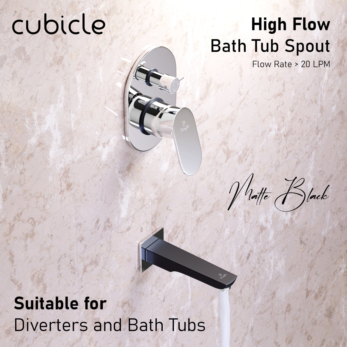 Pixaflo Cubicle Brass Bath Tub Spout with Wall Flange | High Flow | Matte Black