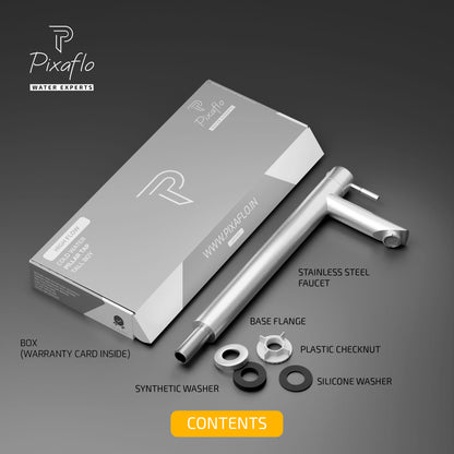 Pixaflo Florent Stainless Steel Tall Body Pillar Cock 12 inch Tap for Wash Basin | Deck Mounted | Cold Water Tap (Not Hot & Cold Mixer) | Counter Top/Table Top Faucet | Foam Flow | Brushed Steel Finish