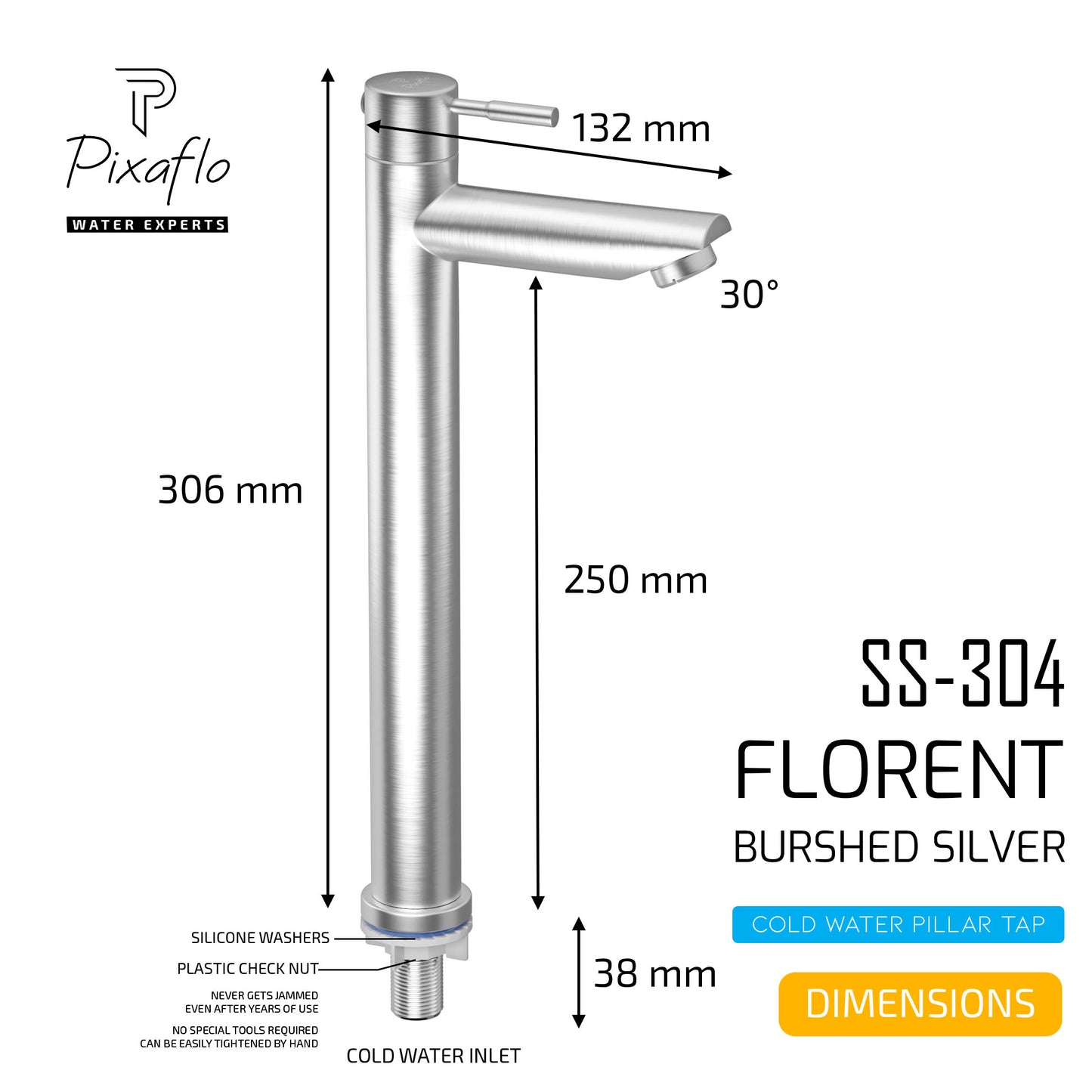 Pixaflo Florent Stainless Steel Tall Body Pillar Cock 12 inch Tap for Wash Basin | Deck Mounted | Cold Water Tap (Not Hot & Cold Mixer) | Counter Top/Table Top Faucet | Foam Flow | Brushed Steel Finish