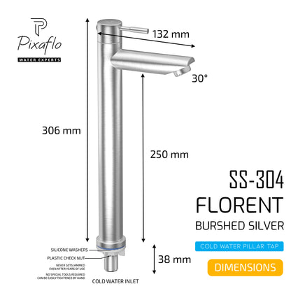 Pixaflo Florent Stainless Steel Tall Body Pillar Cock 12 inch Tap for Wash Basin | Deck Mounted | Cold Water Tap (Not Hot & Cold Mixer) | Counter Top/Table Top Faucet | Foam Flow | Brushed Steel Finish