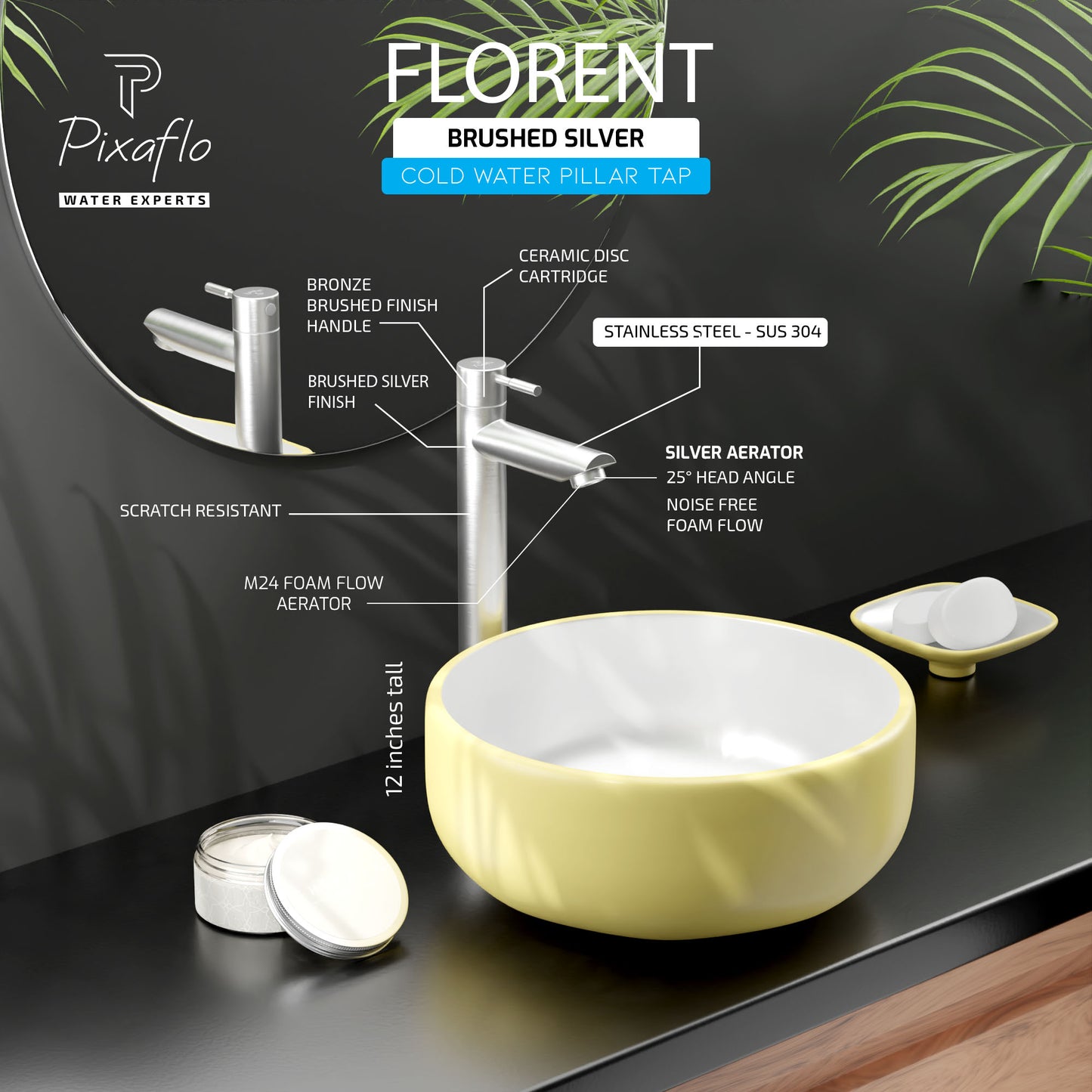 Pixaflo Florent Stainless Steel Tall Body Pillar Cock 12 inch Tap for Wash Basin | Deck Mounted | Cold Water Tap (Not Hot & Cold Mixer) | Counter Top/Table Top Faucet | Foam Flow | Brushed Steel Finish