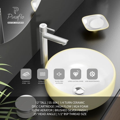 Pixaflo Florent Stainless Steel Tall Body Pillar Cock 12 inch Tap for Wash Basin | Deck Mounted | Cold Water Tap (Not Hot & Cold Mixer) | Counter Top/Table Top Faucet | Foam Flow | Brushed Steel Finish