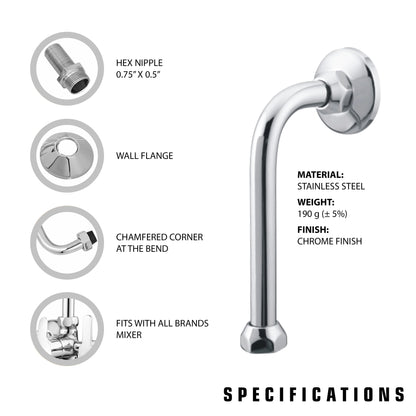 Pixaflo Stainless Steel 9" L-Bend for Wall Mixer | 1/2" X 3/4" Hex Nipple | Compatible for All Types of 2 in 1 and 3 in 1 Wall Mixers | Combo Pack of 2