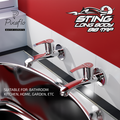Pixaflo Sting Brass Long Body Bib Cock Tap with Wall Flange | Chrome