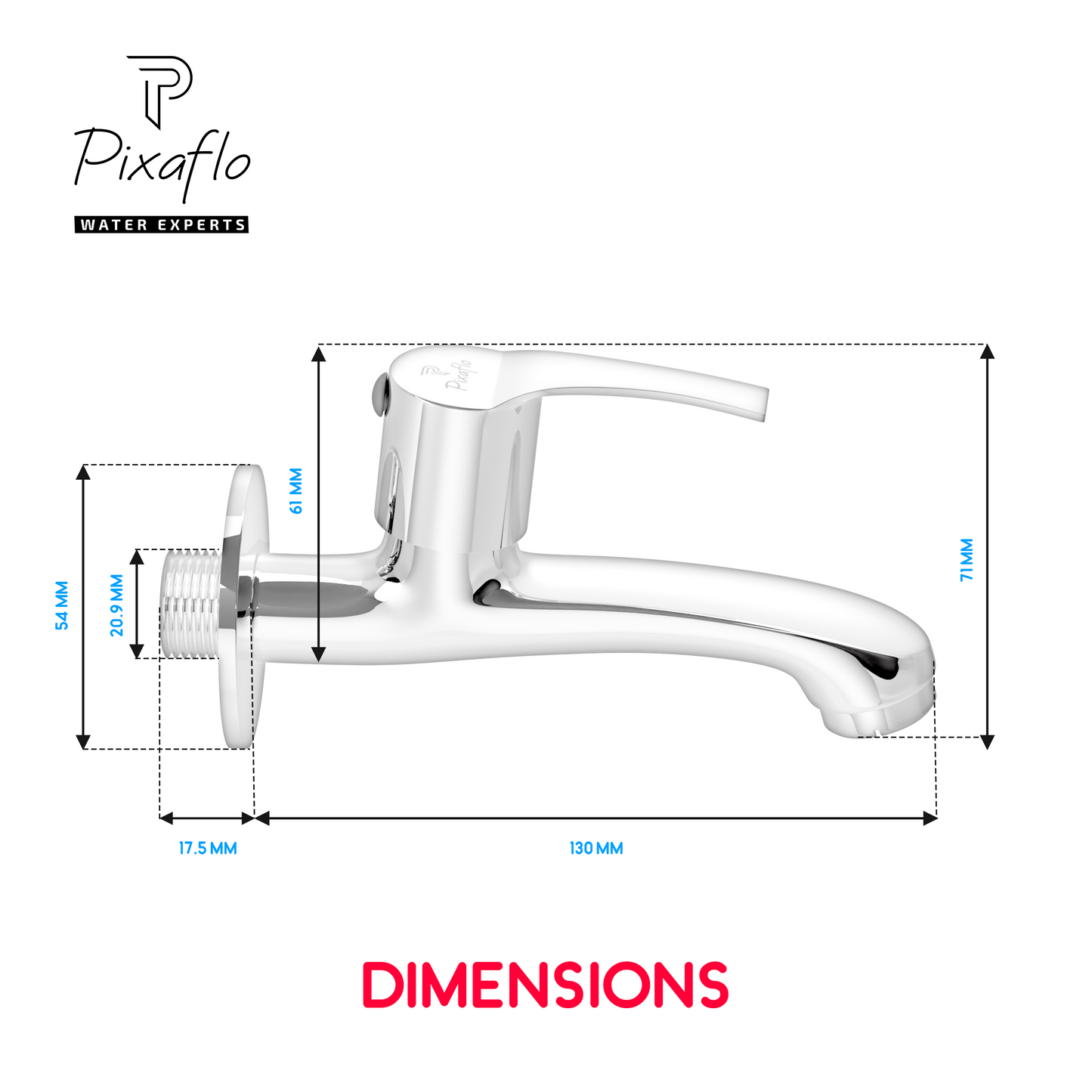 Pixaflo Sting Brass Long Body Bib Cock Tap with Wall Flange | Chrome